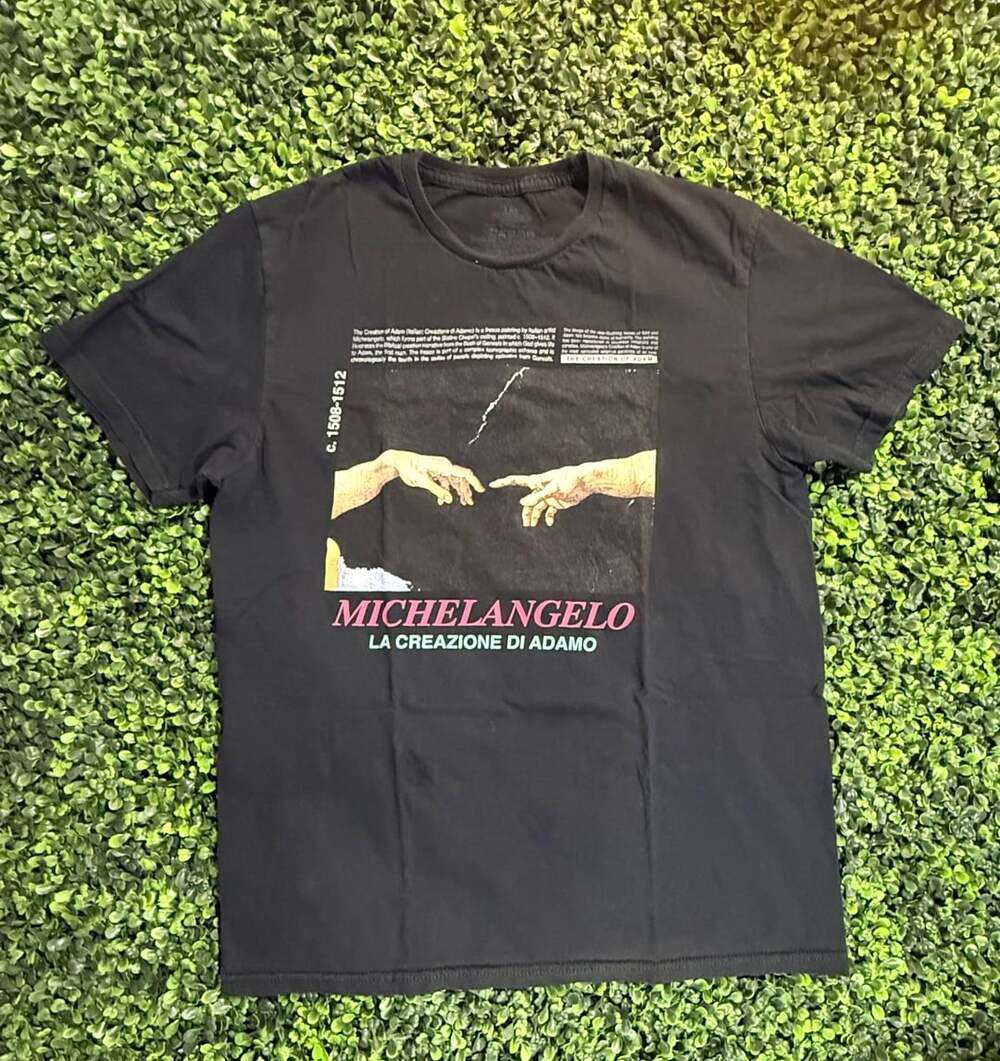 Michelangelo The Creation Of Adam T-Shirt Size L Black Graphic Art Tee